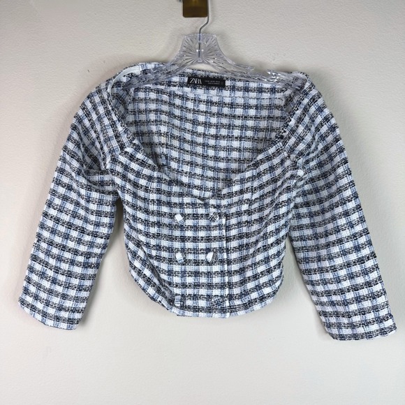 Zara Tops - Zara Top Womens XS Blue White Plaid Tweed Off Shoulder Double Breasted Crop